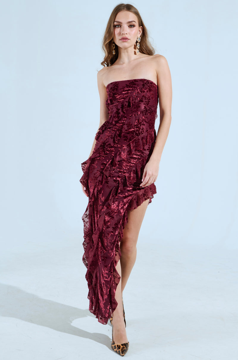 CYRUS VELVET MAXI DRESS IN BURGUNDY