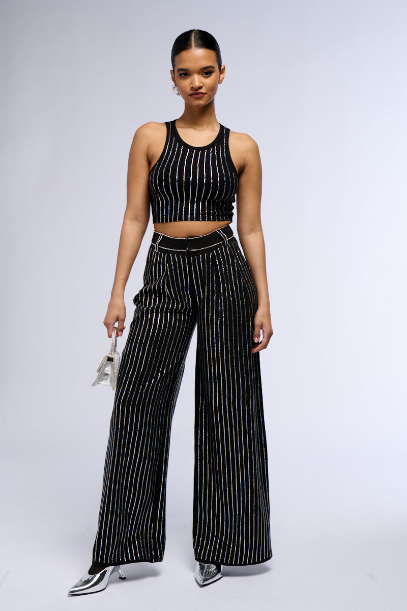 NOLLAN RHINESTONE STRIPE WIDE LEG TROUSER