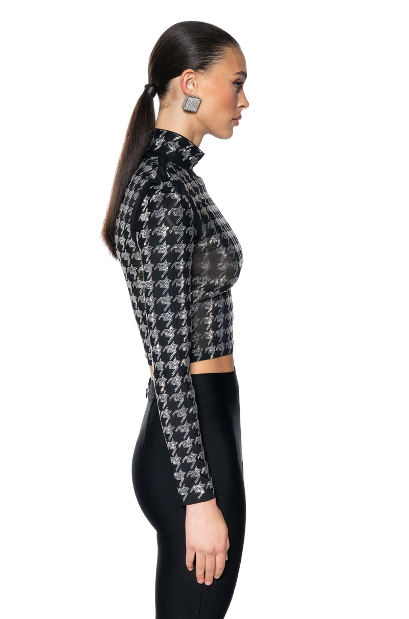 HOUNDSTOOTH GLAMOUR MOCK NECK LONG SLEEVE MESH TEE