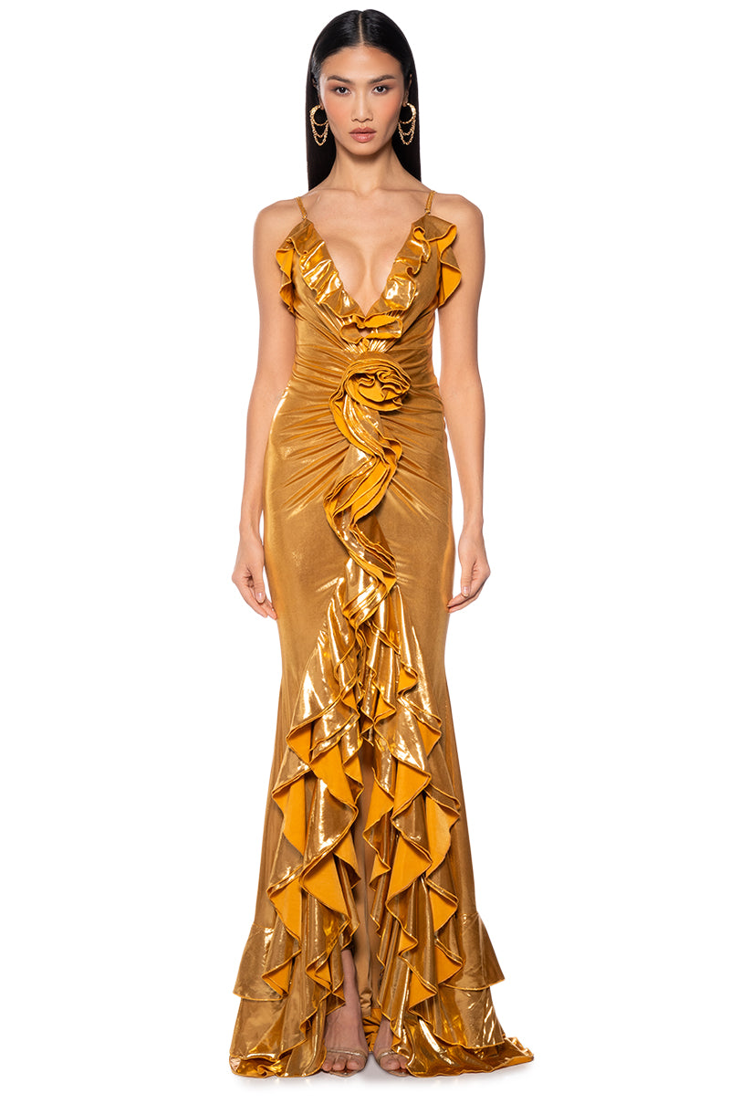 BELLE OF THE BALL METALLIC MAXI DRESS