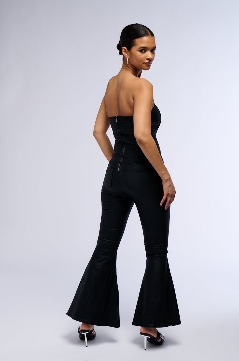 MELODY FLARE LEG FAUX LEATHER JUMPSUIT