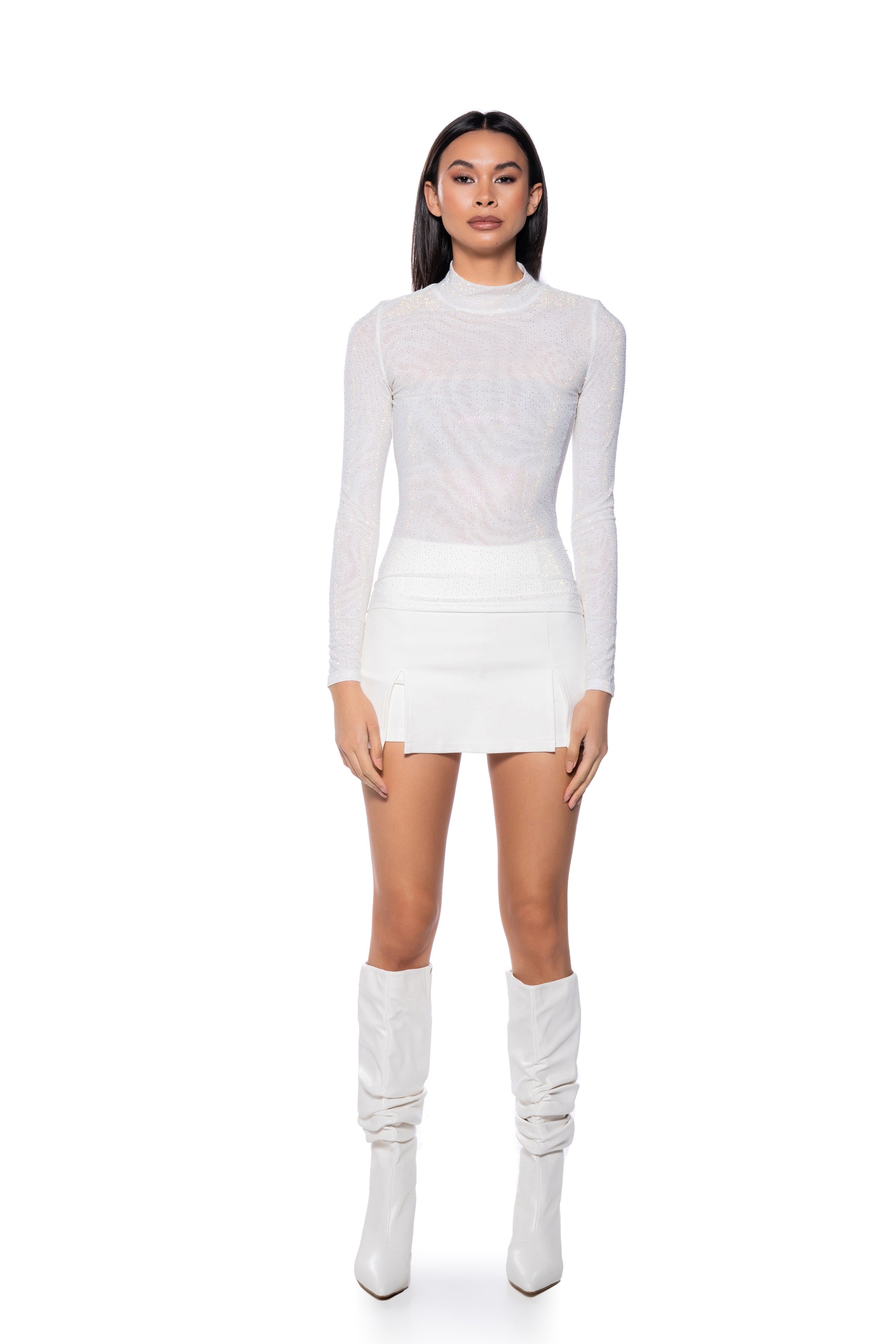 CLARISSA EMBELLISHED LONG SLEEVE MESH TOP