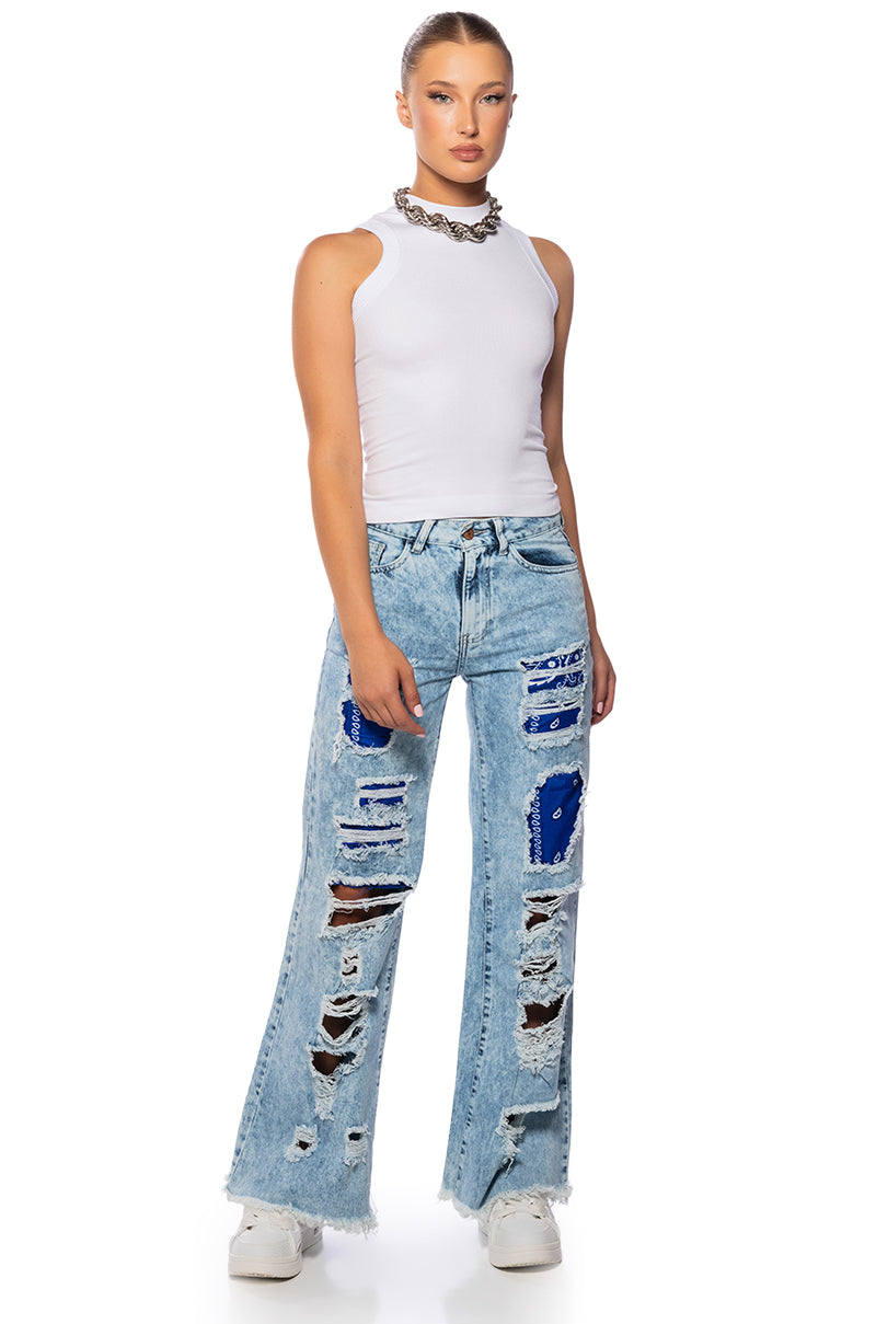 YOUR NEW FAVORITE DISTRESSED PATCHWORK FLARED JEANS