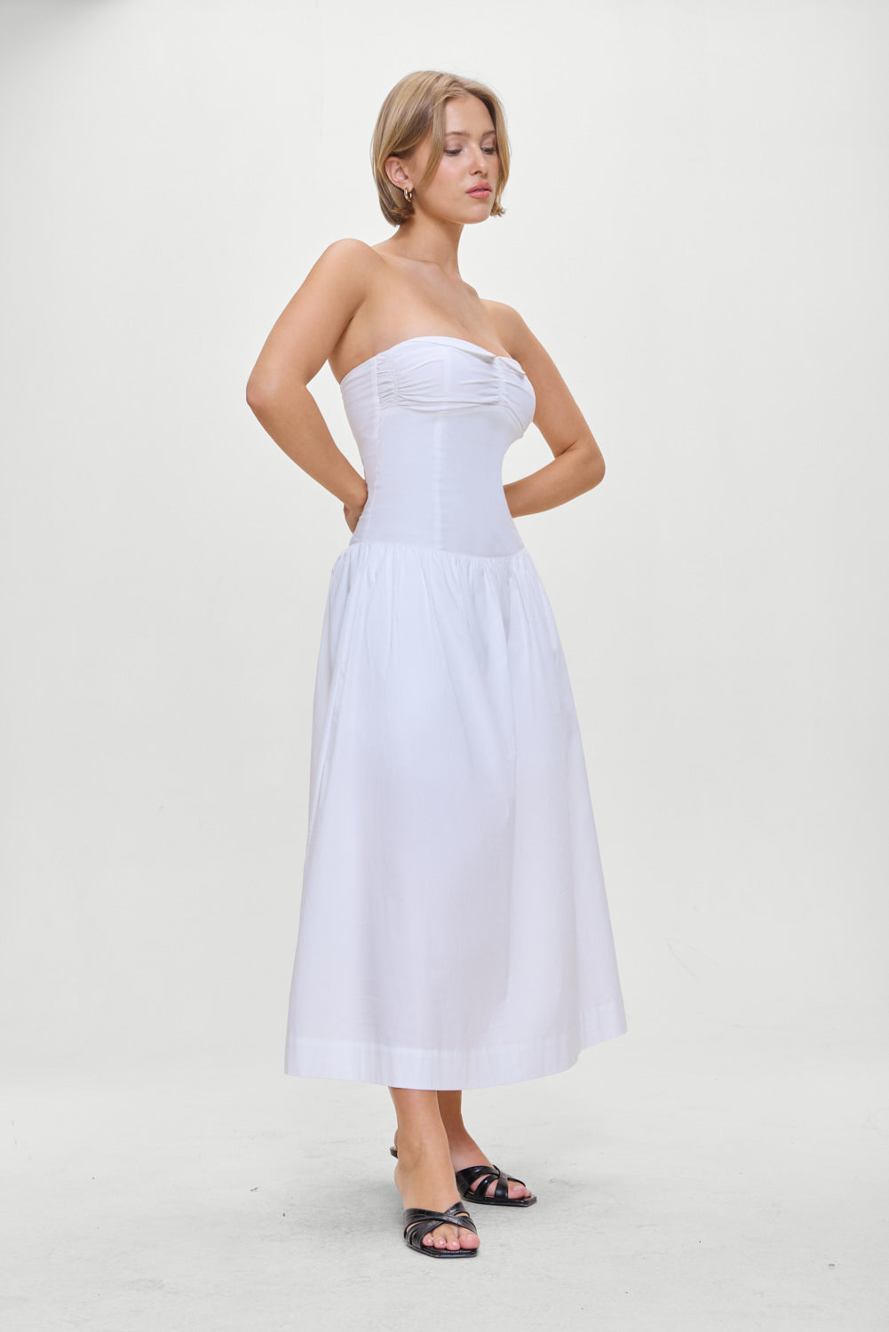 Horizon Strapless Collared Midi Dress - White