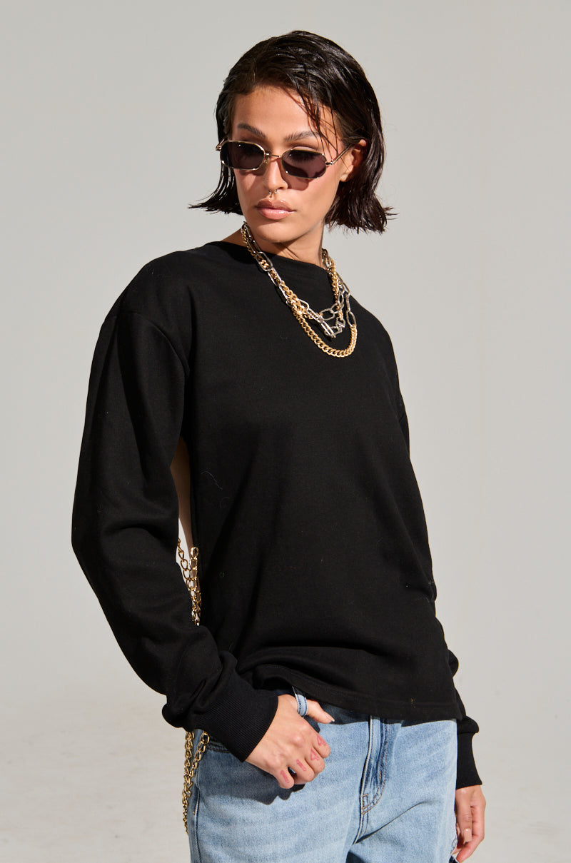 OPEN BACK CHAIN DETAIL SWEATSHIRT