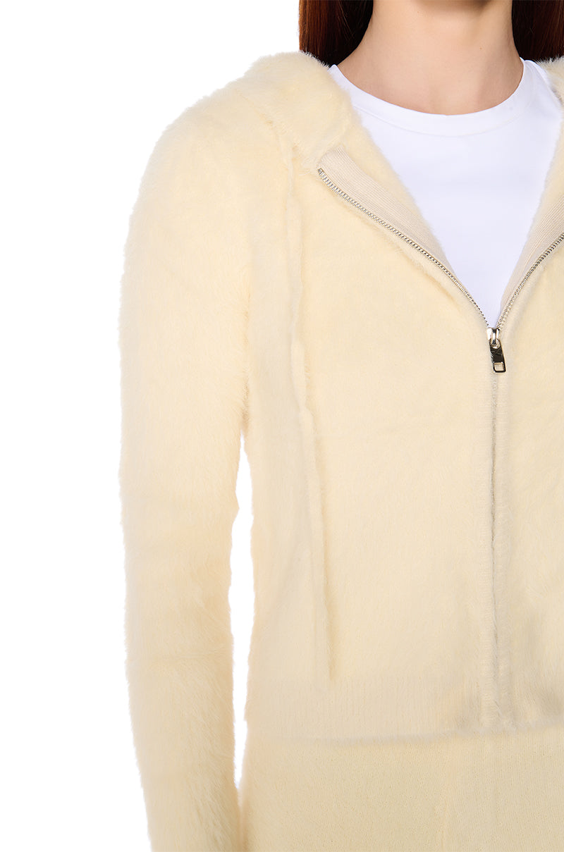 UNWIND FUZZY ZIP UP HOODED SWEATER