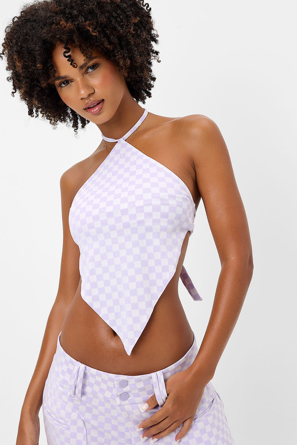 Hennie Checkered Halter Bikini Top - Purple Check