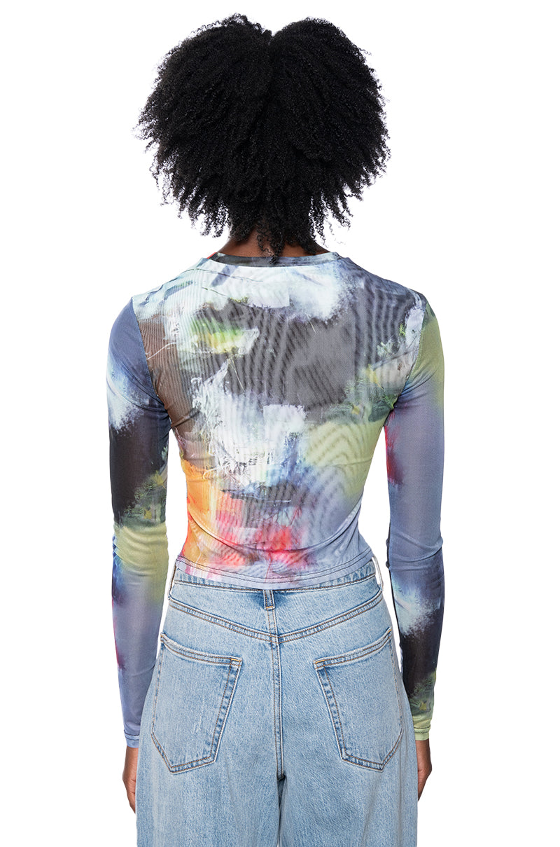 ABSTRACT ART LONG SLEEVE MESH TOP