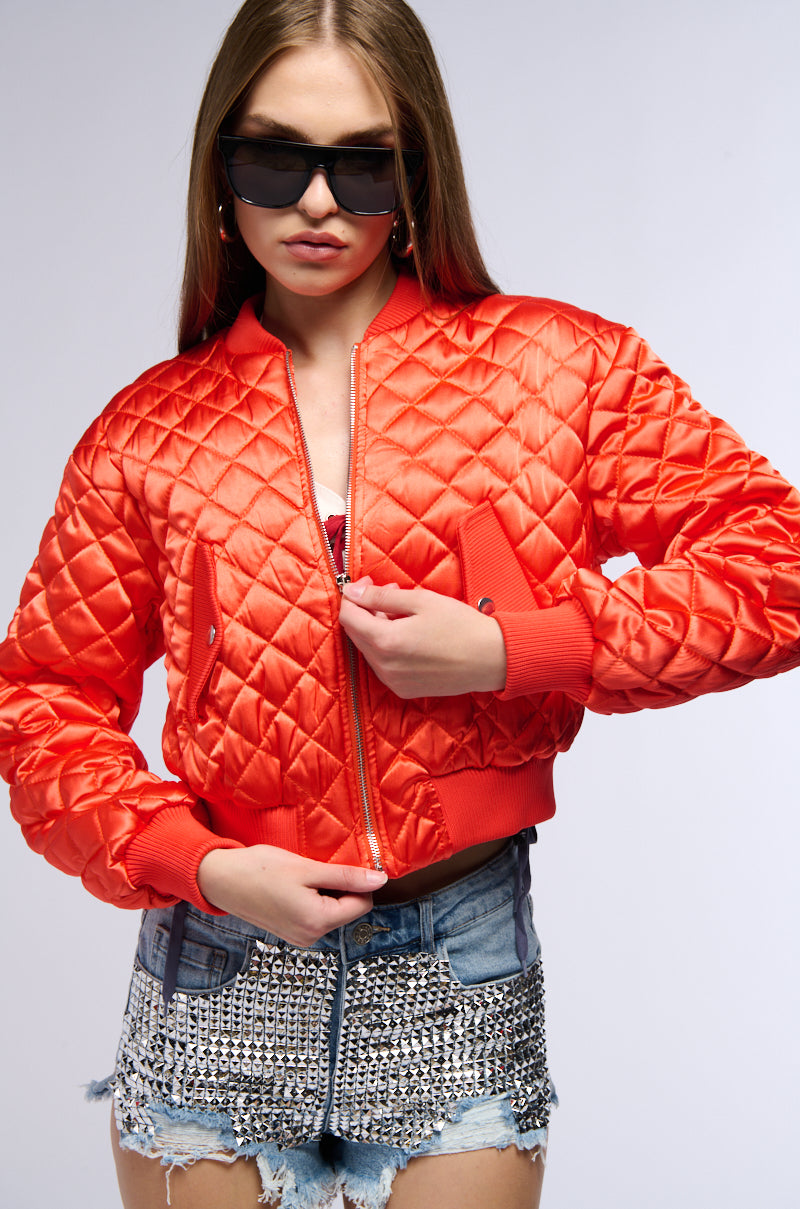 NEVER BETTER QUILTED SATIN BOMBER IN RED