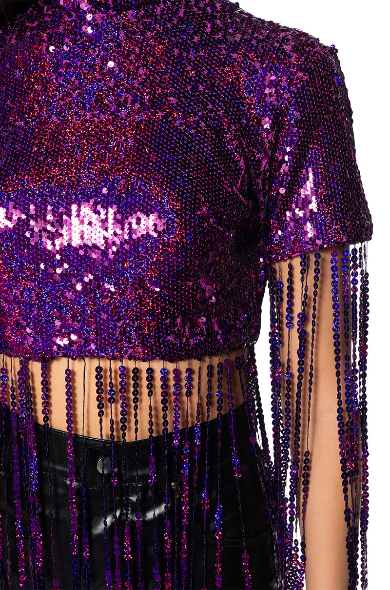 THE SPOTLIGHT SEQUIN FRINGE MOCK NECK TOP