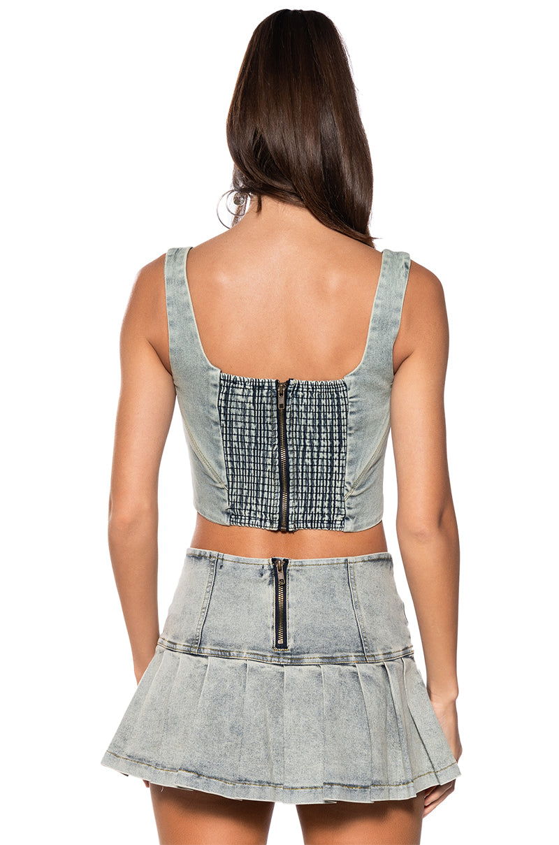 THE KRISTY PANELED DENIM CORSET TOP