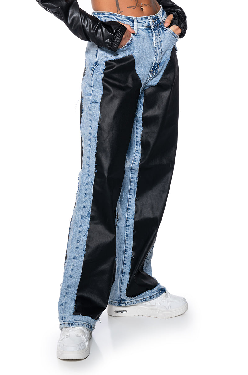 DREAM ON COATED DENIM MID RISE STRAIGHT LEG JEANS