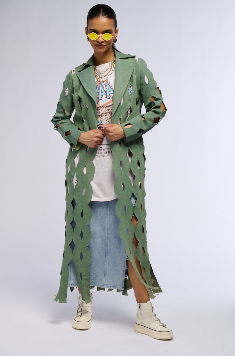 DENIM LASER CUT DUSTER IN GREEN