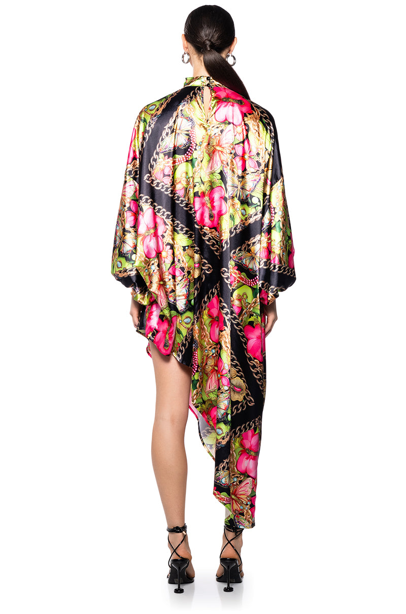 TROPICAL VACATION PRINT SATIN MAXI DRESS IN GREEN MULTI