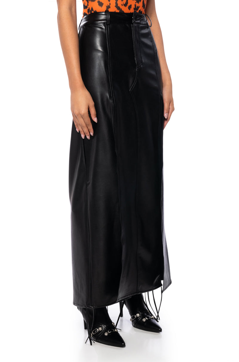 LEVEL UP MAXI FAUX LEATHER SKIRT WITH FRONT SLITS