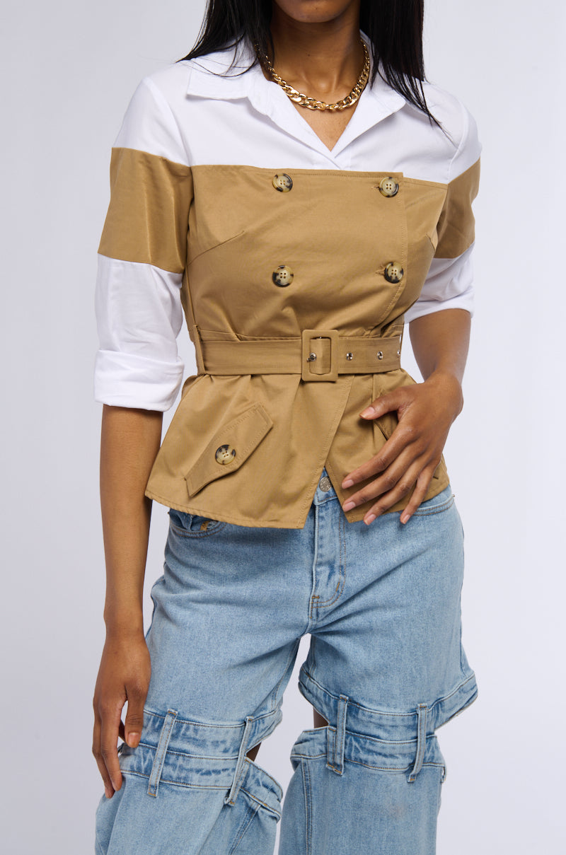 RISKY BUSINESS BUTTON DOWN POPLIN BLOUSE