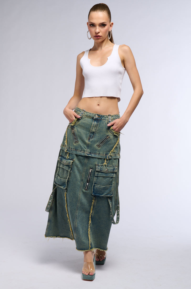 SAY IT AGAIN DISTRESSED MAXI DENIM SKIRT