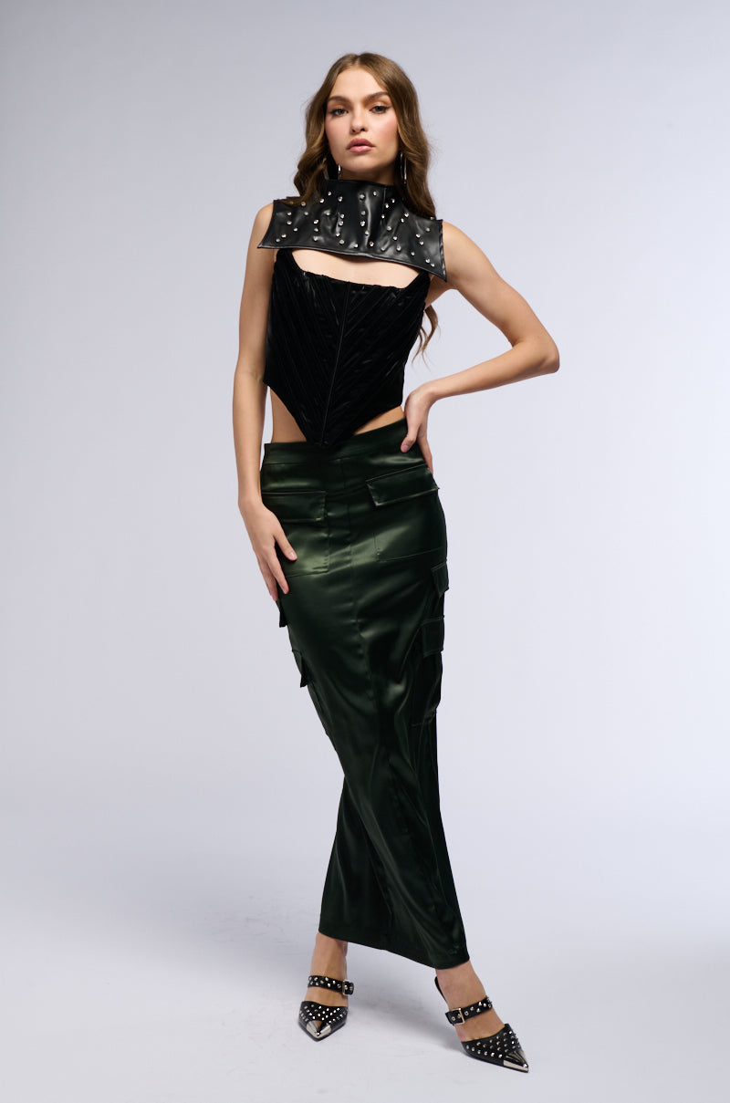 ALL IN SATIN CARGO POCKET MAXI SKIRT