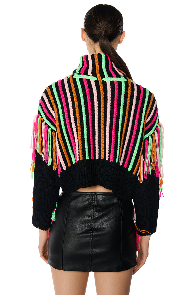 CHECK IT OUT LONG SLEEVE VIBRANT FRINGE DETAIL SWEATER