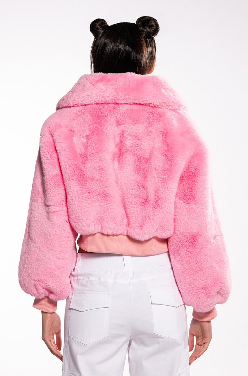 DREW FAUX FUR BOMBER WITH RIB TRIM