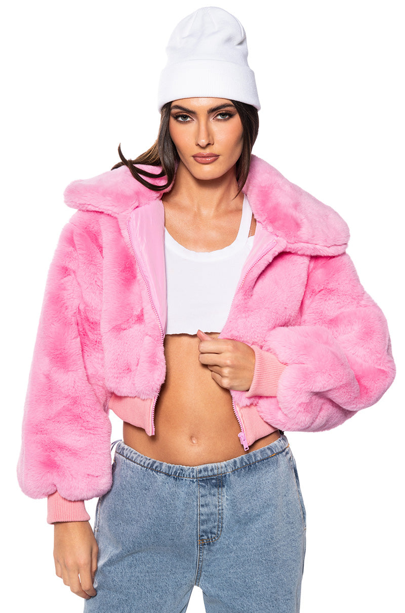 DREW FAUX FUR BOMBER WITH RIB TRIM