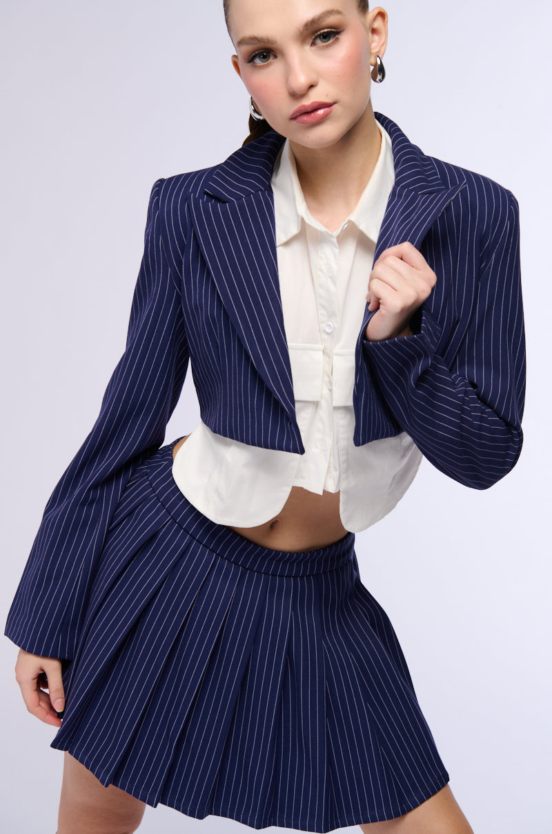 WHATS THE TEA PINSTRIPE CROP BLAZER IN NAVY