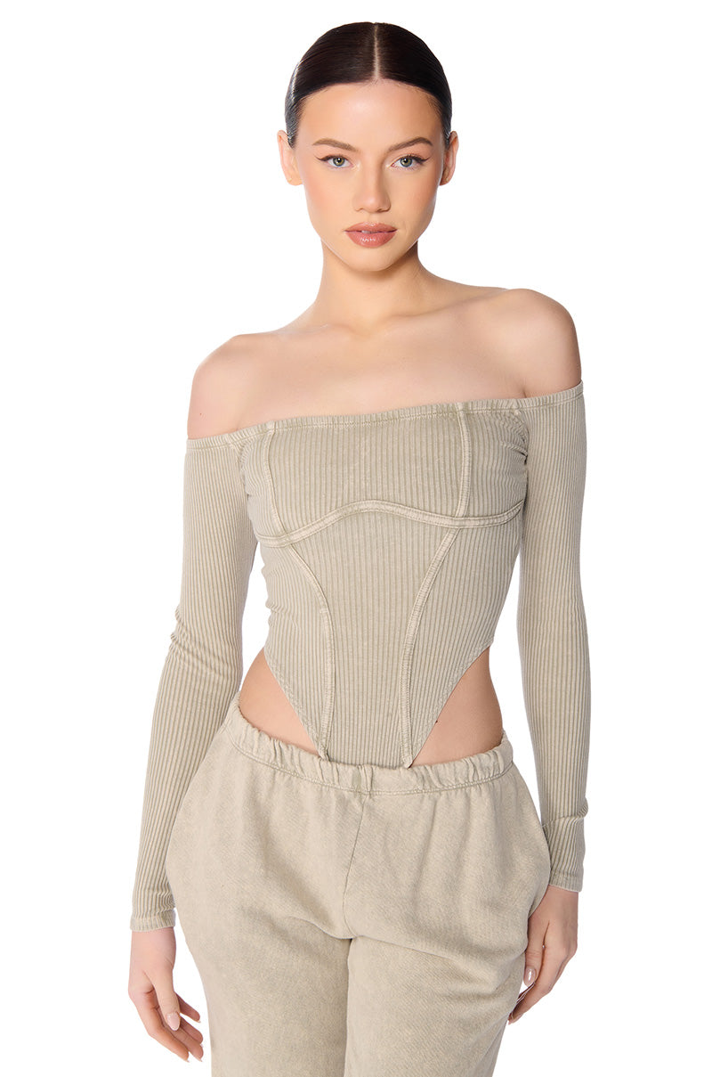 KATRINA MINERAL WASH OFF THE SHOULDER BODYSUIT IN LIGHT GREY