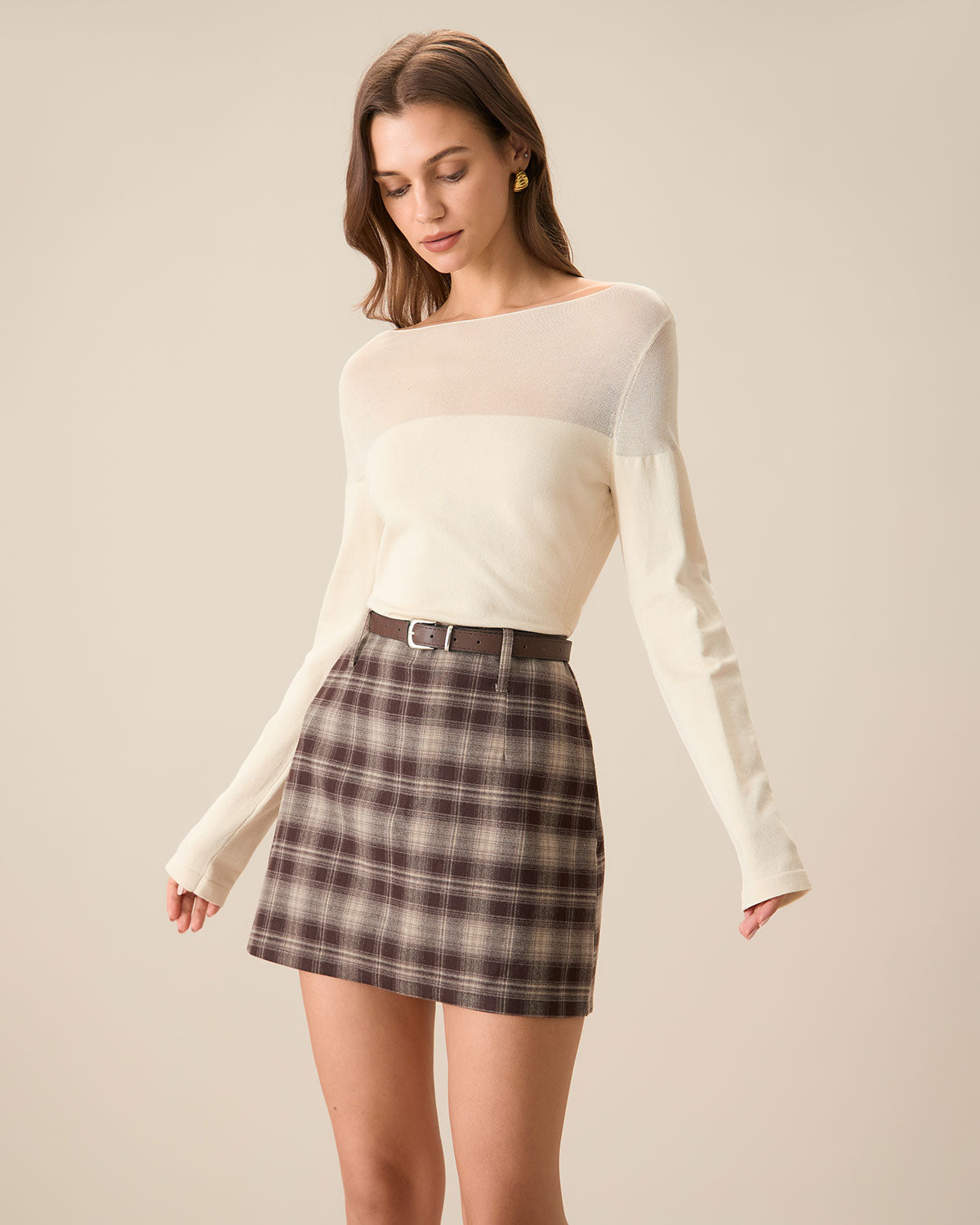 Brown Plaid Straight Mini Skirt