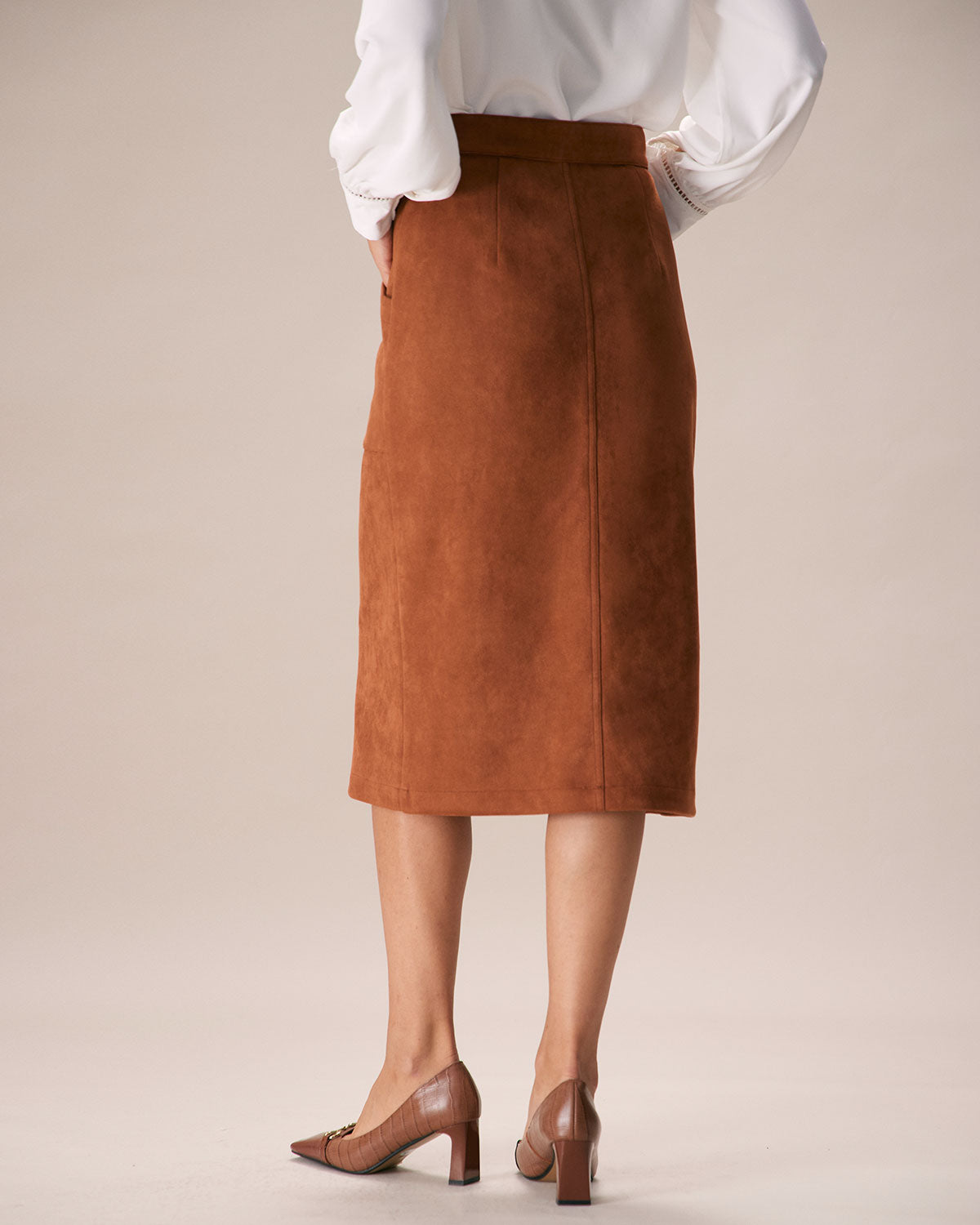 The Brown Suede Single Breasted Midi Skirt