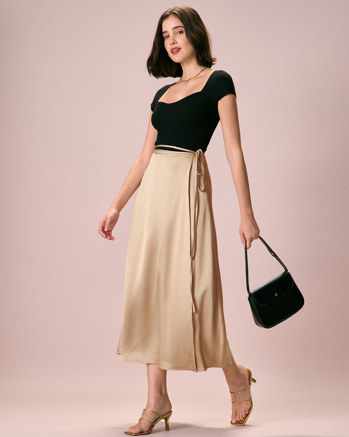 The Khaki Satin Lace-Up Wrap Midi Skirt