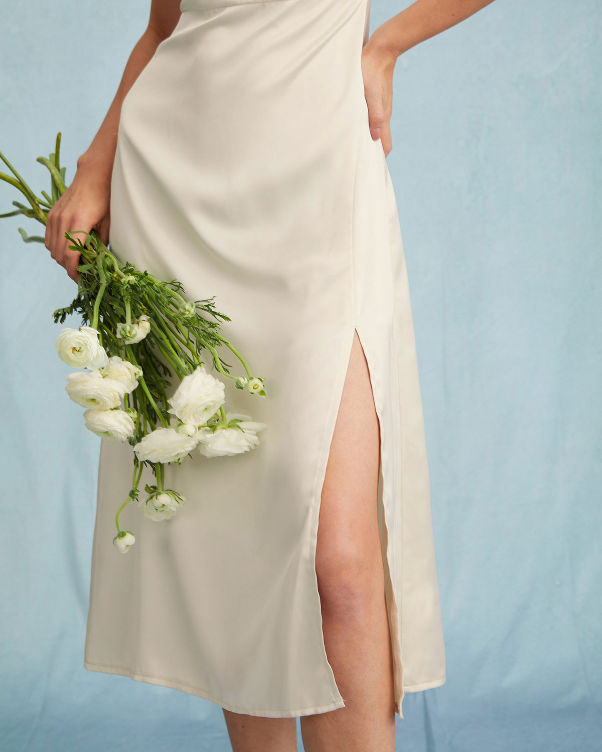 The Apricot Satin Cap Sleeve Sheath Slit Midi Dress