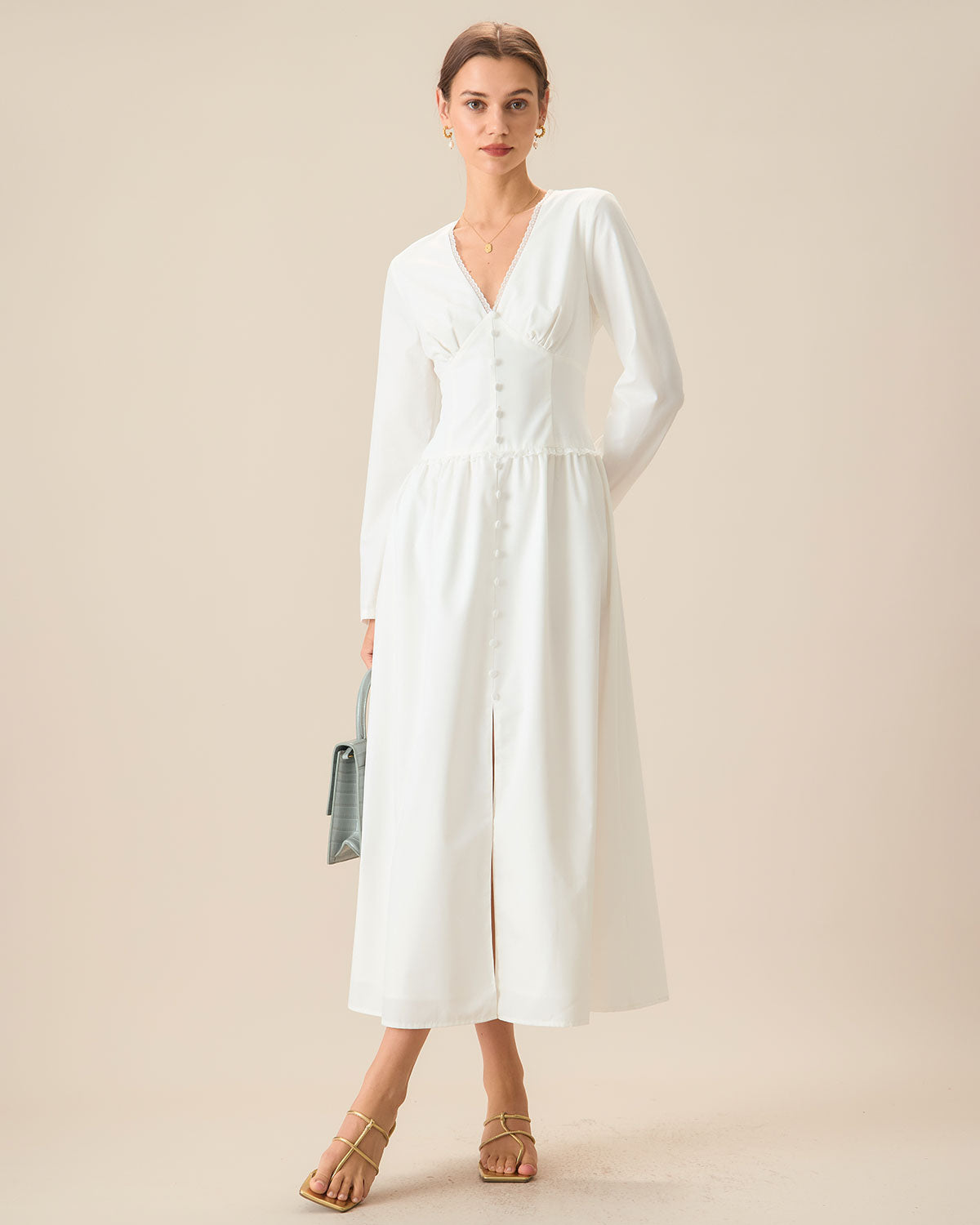 White Ruched Button Maxi Dress