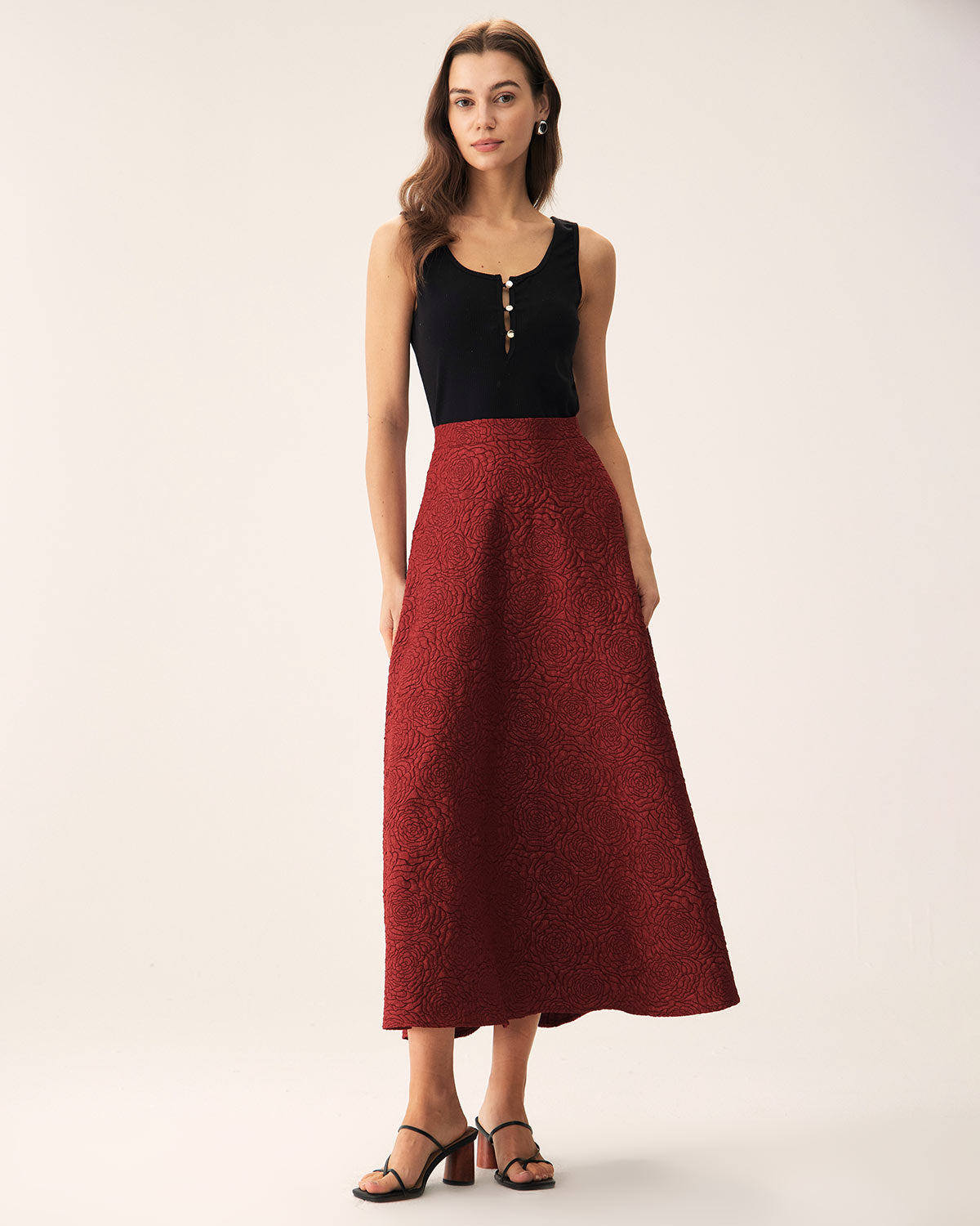 Red Jacquard A-line Midi Skirt