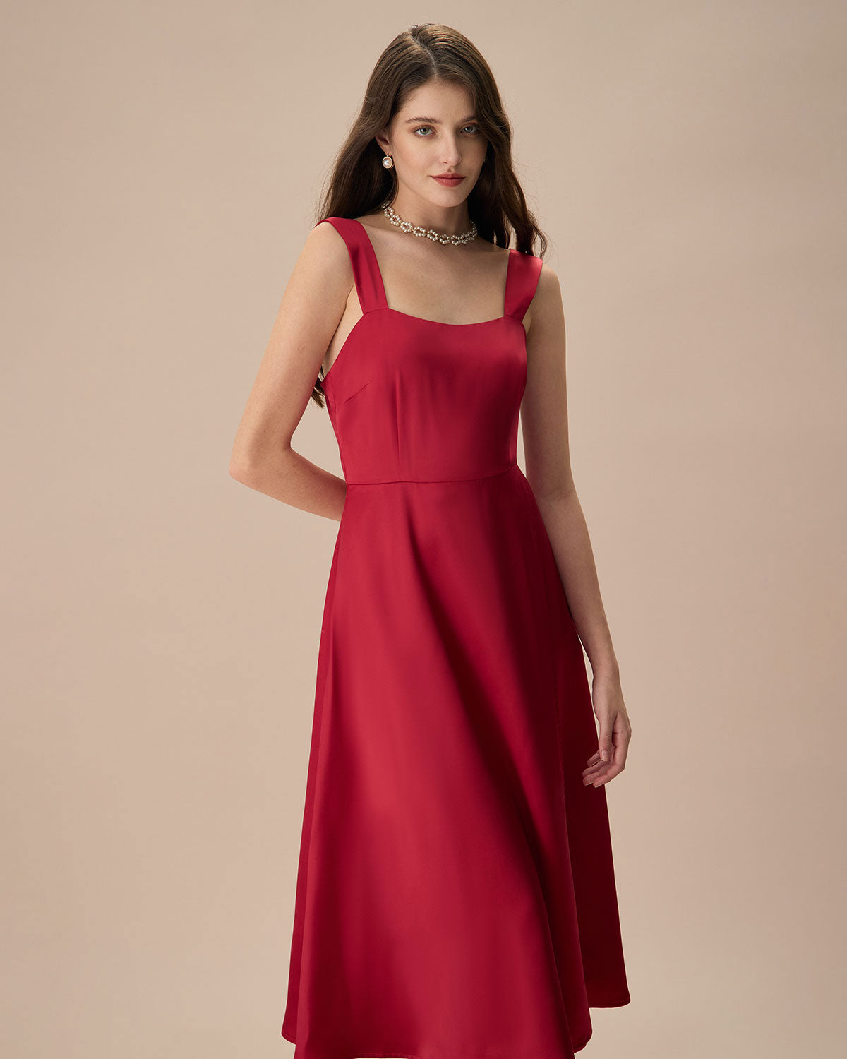 Women's Red Satin Slip Midi Dress