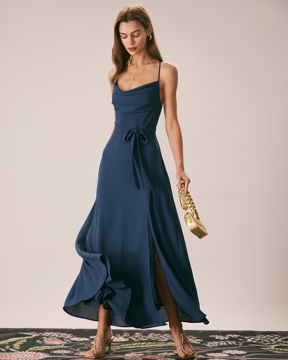 The Navy Cowl Neck Cutout Back Maxi Dress