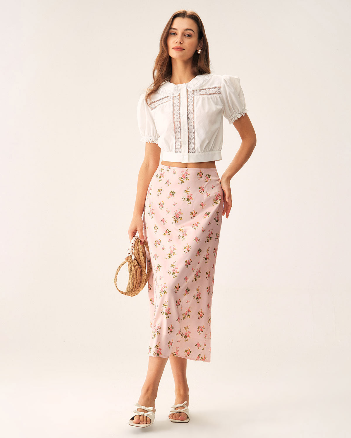 Pink Floral Satin Straight Midi Skirt