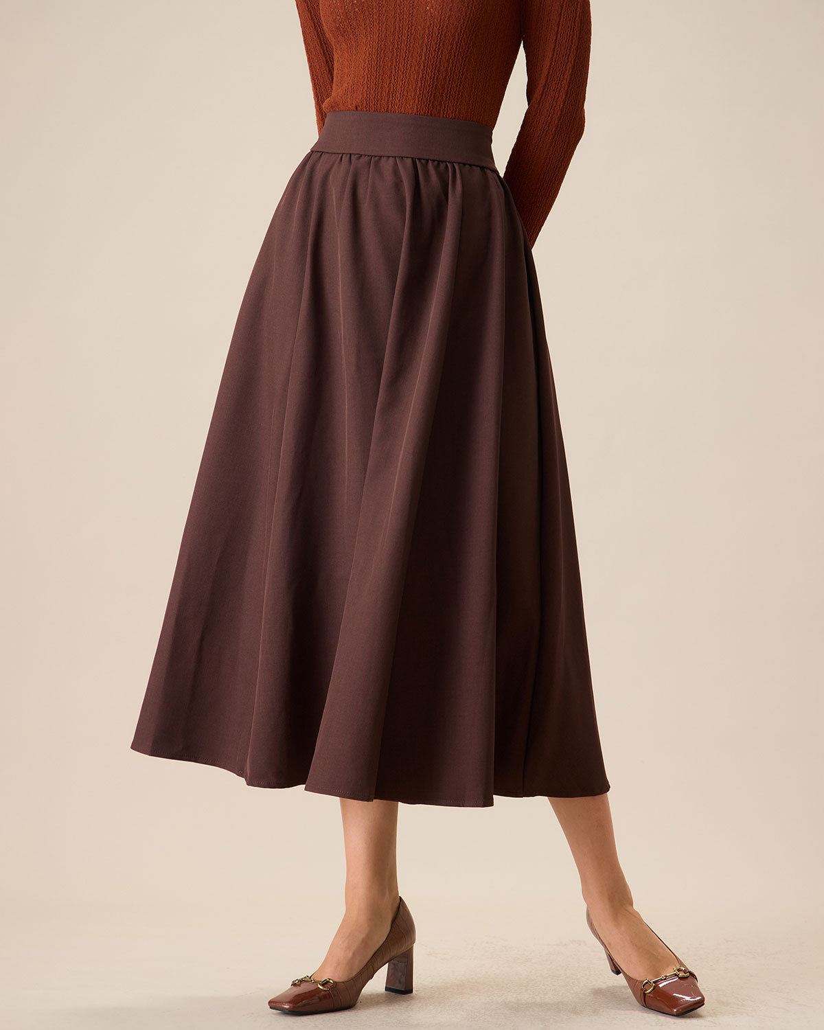 Women's Coffee High-waisted Pleated Midi Skirt