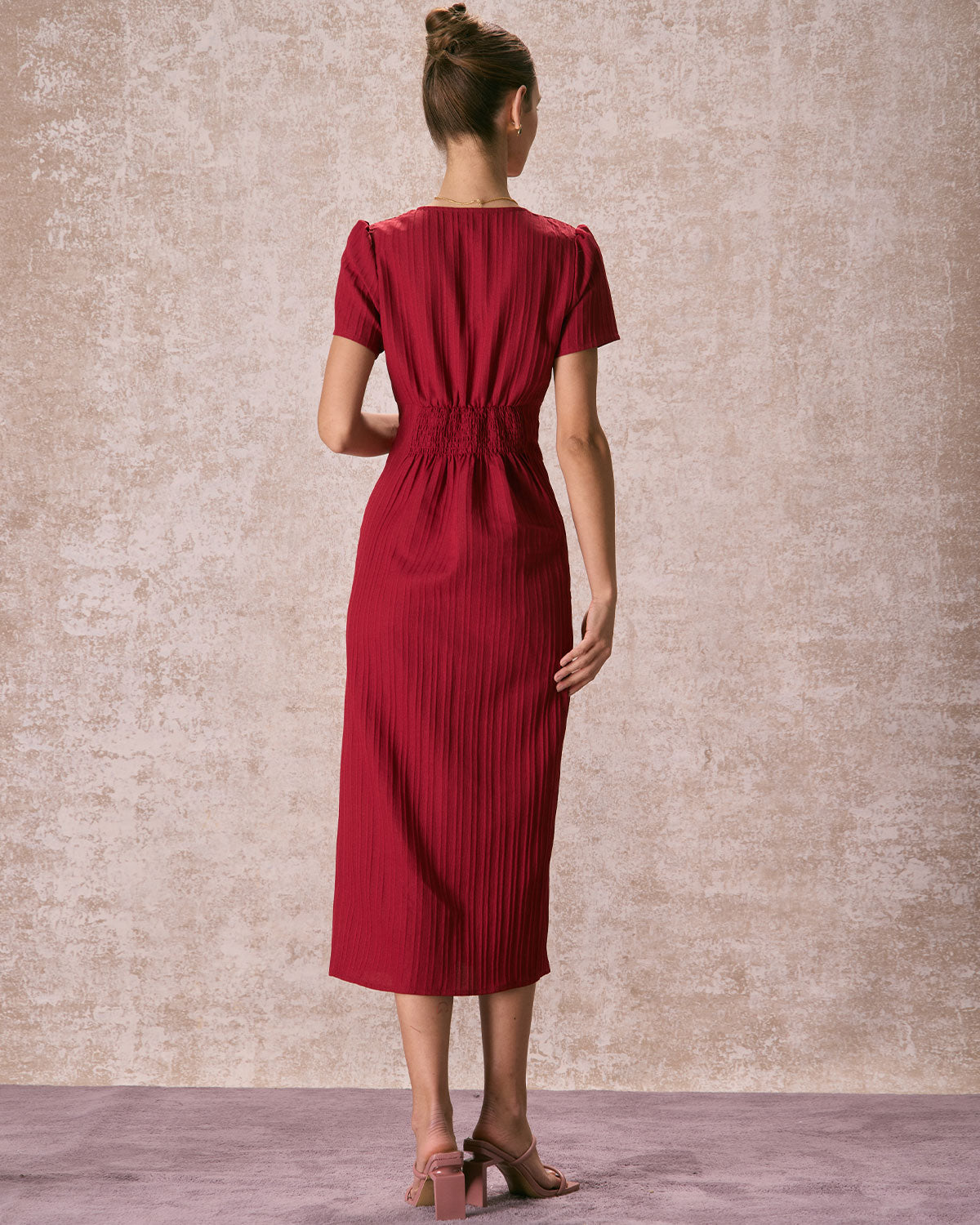 The Red V Neck Shirred Puff Sleeve Midi Dress