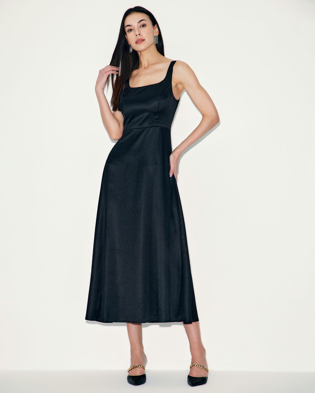 Black Satin A-Line Slip Maxi Dress