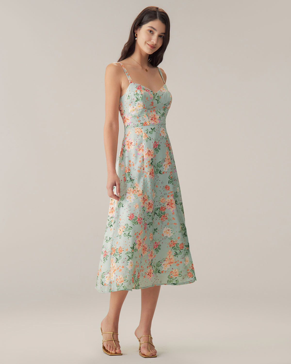 Green Floral Sweetheart Neck Slip Midi Dress