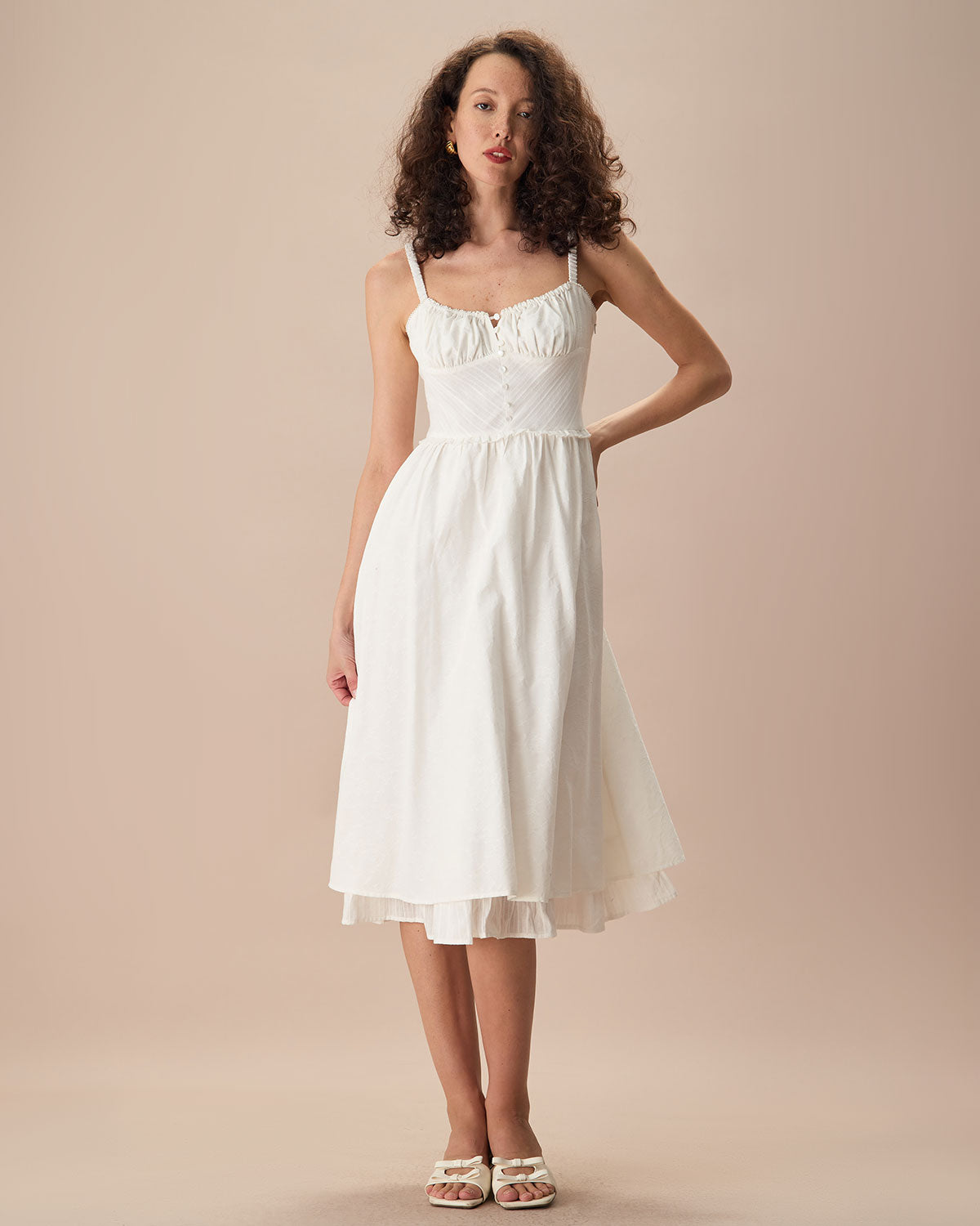 The White Ruched Slip Cotton Midi Dress