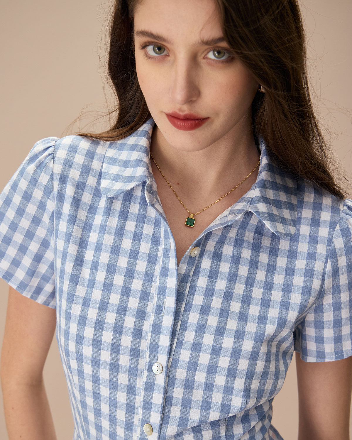 Women's Blue Plaid Lapel Cotton Mini Dress