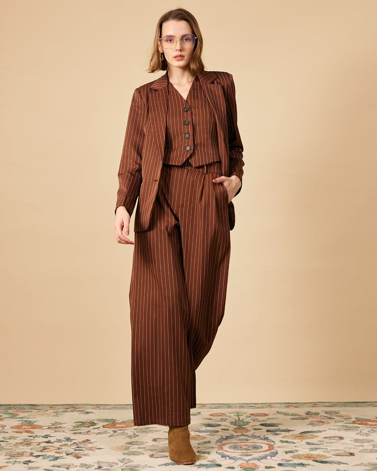 The Brown Striped One Button Collared Blazer