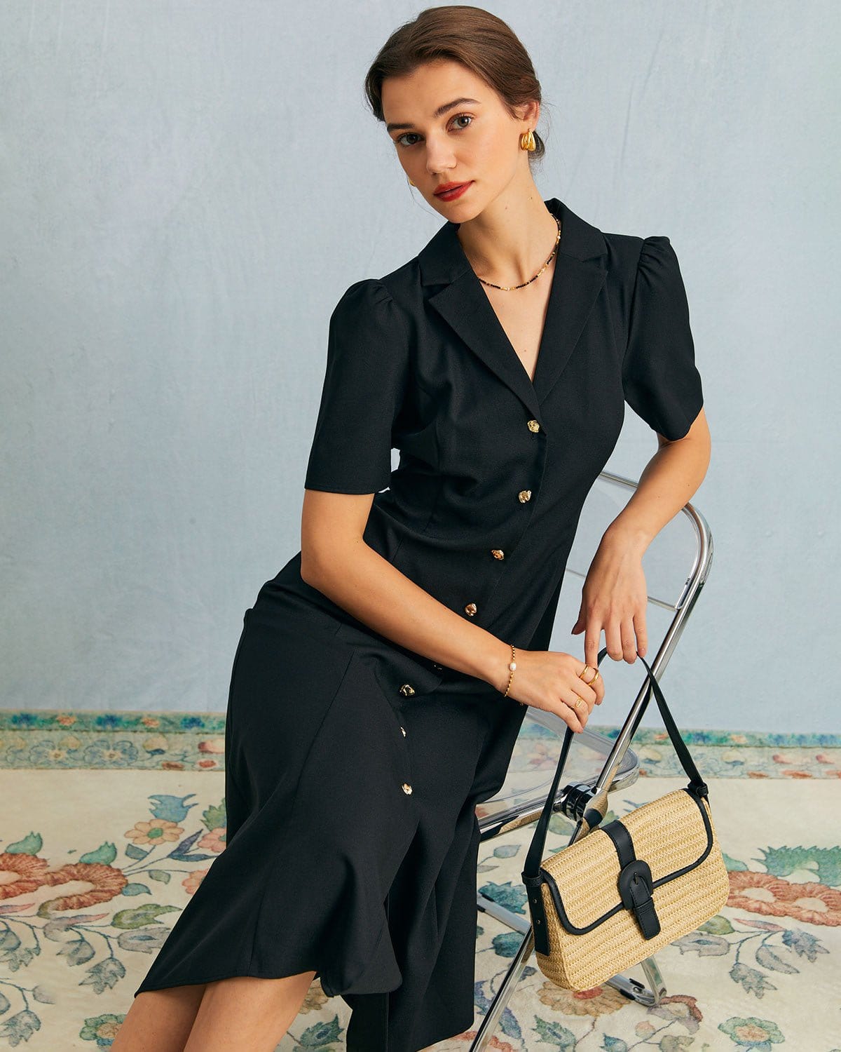 The Black V Neck Button Puff Sleeve Midi Dress