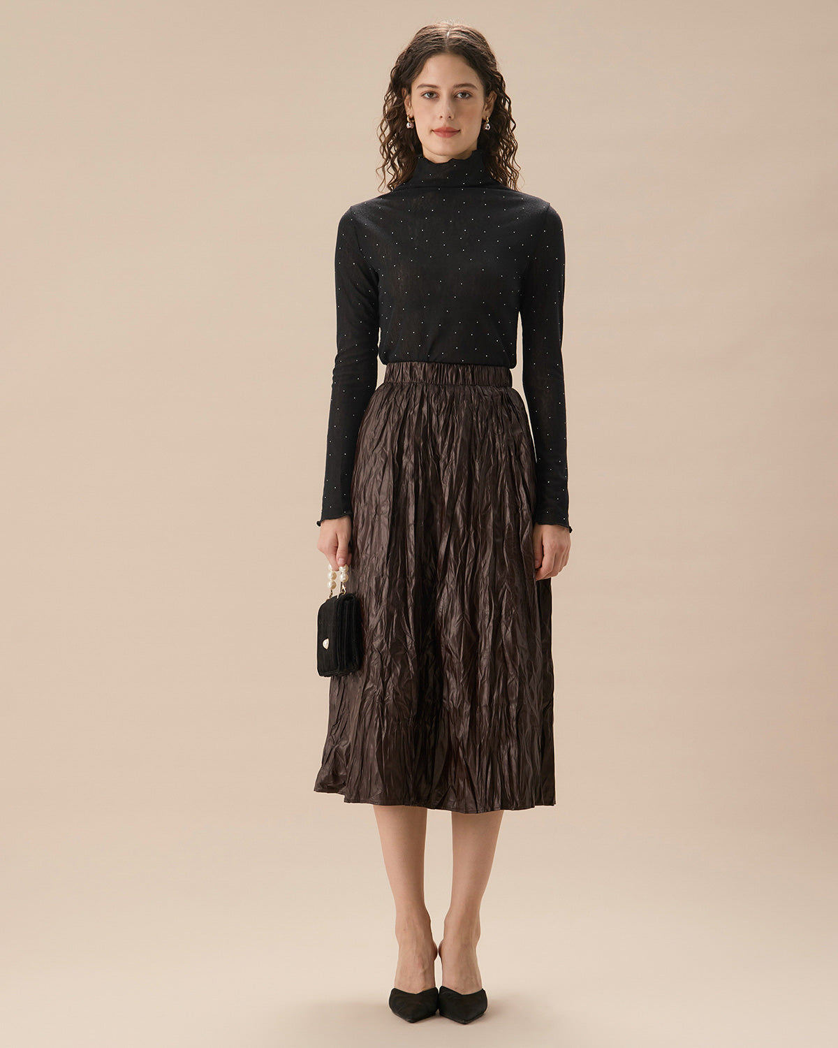 Coffee Elastic Waist Ruched Midi Skirt