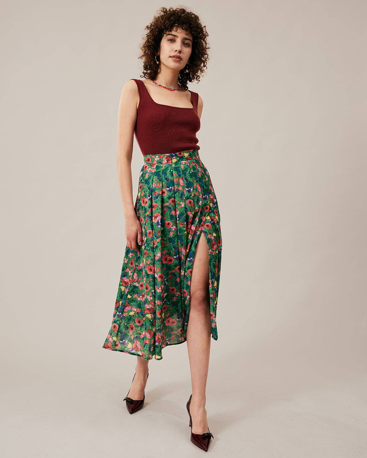 The Green Pleated Floral Skirt