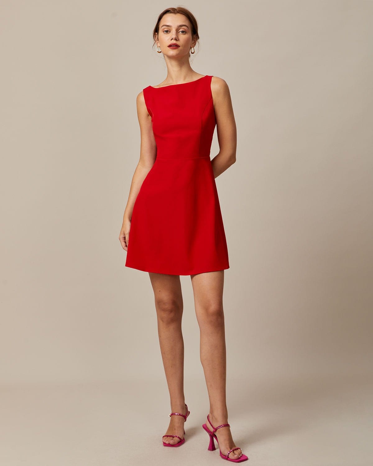 The Red Boat Neck High Waisted Mini Dress