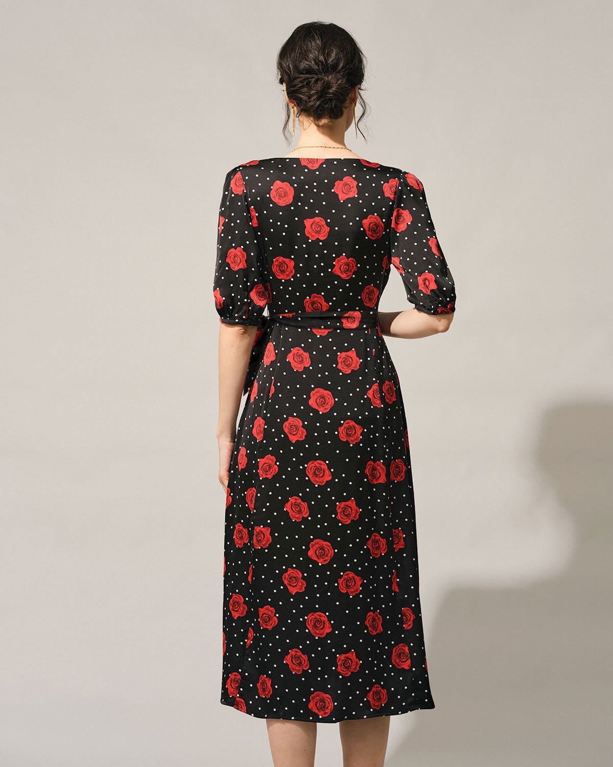 The V Neck Puff Sleeve Floral Wrap Midi Dress