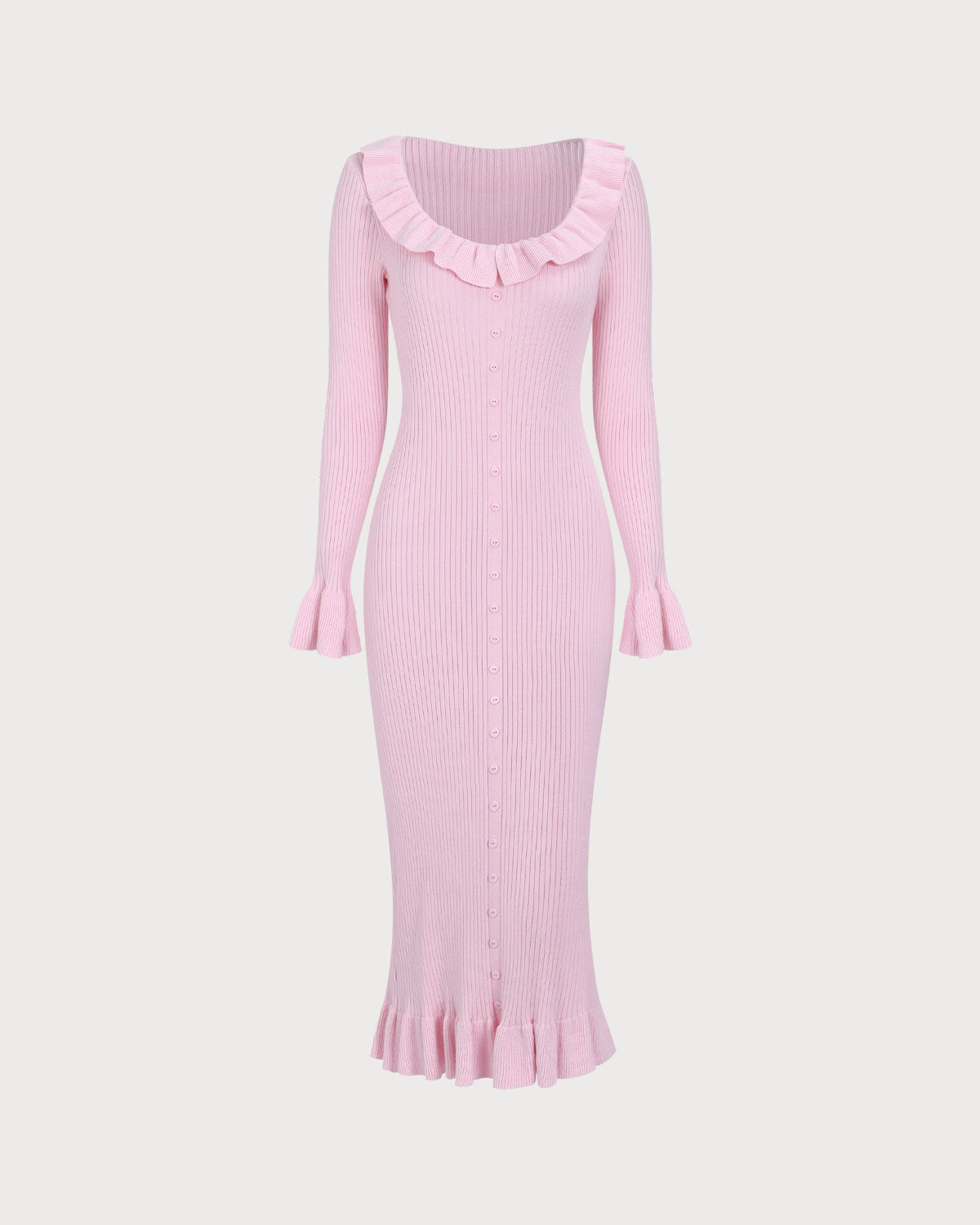 Women's Pink U-Neck Ruffle Bodycon Sweater Dress