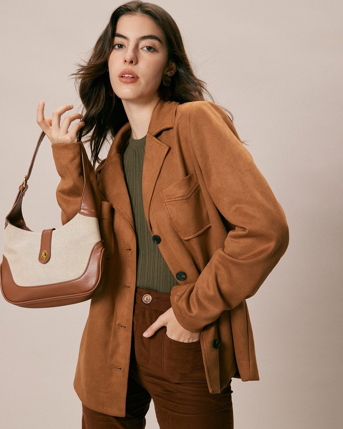 The Brown Lapel Pockets Button Suede Jacket